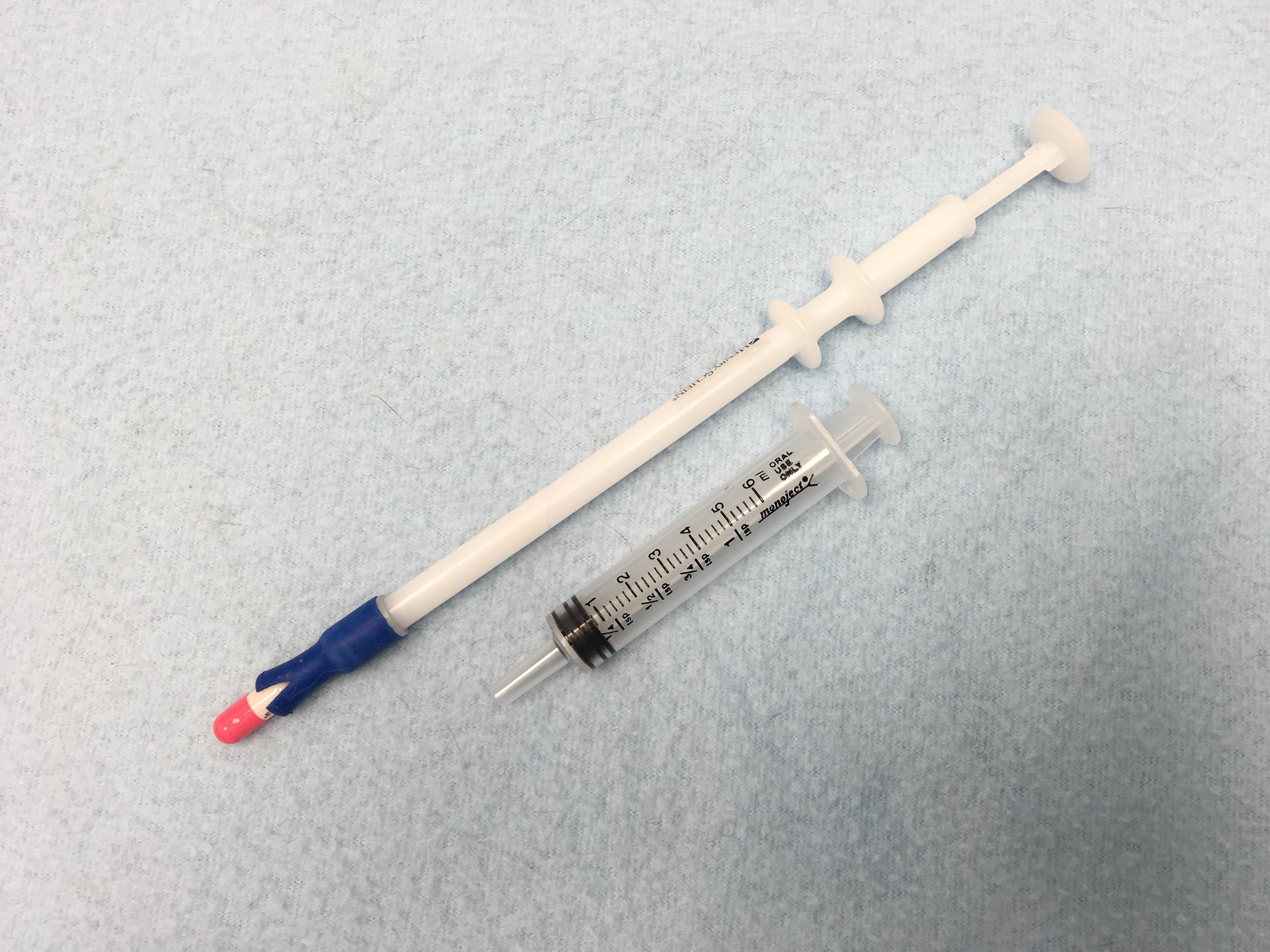 Oral syringe to chase meds with a food reward.